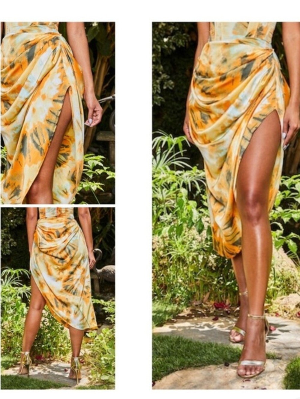 Pretty Little Thing Tie-Dye Orange Ruched Side Midi Skirt